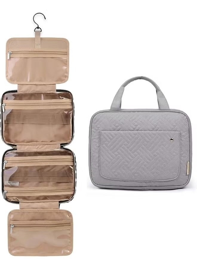 SamoDani Hanging Toiletry & Cosmetic Travel Bag for Men & Women, Large Capacity Waterproof Makeup Organizer with Multiple Compartments, Transparent Pockets & 360° Swivel Hook for Bathroom, Gym & Travel Grey - Image 1